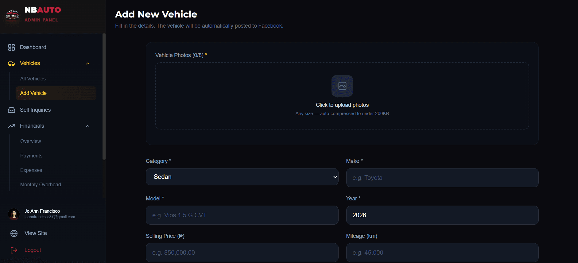 Add Vehicle — Auto-posts to Facebook on Save