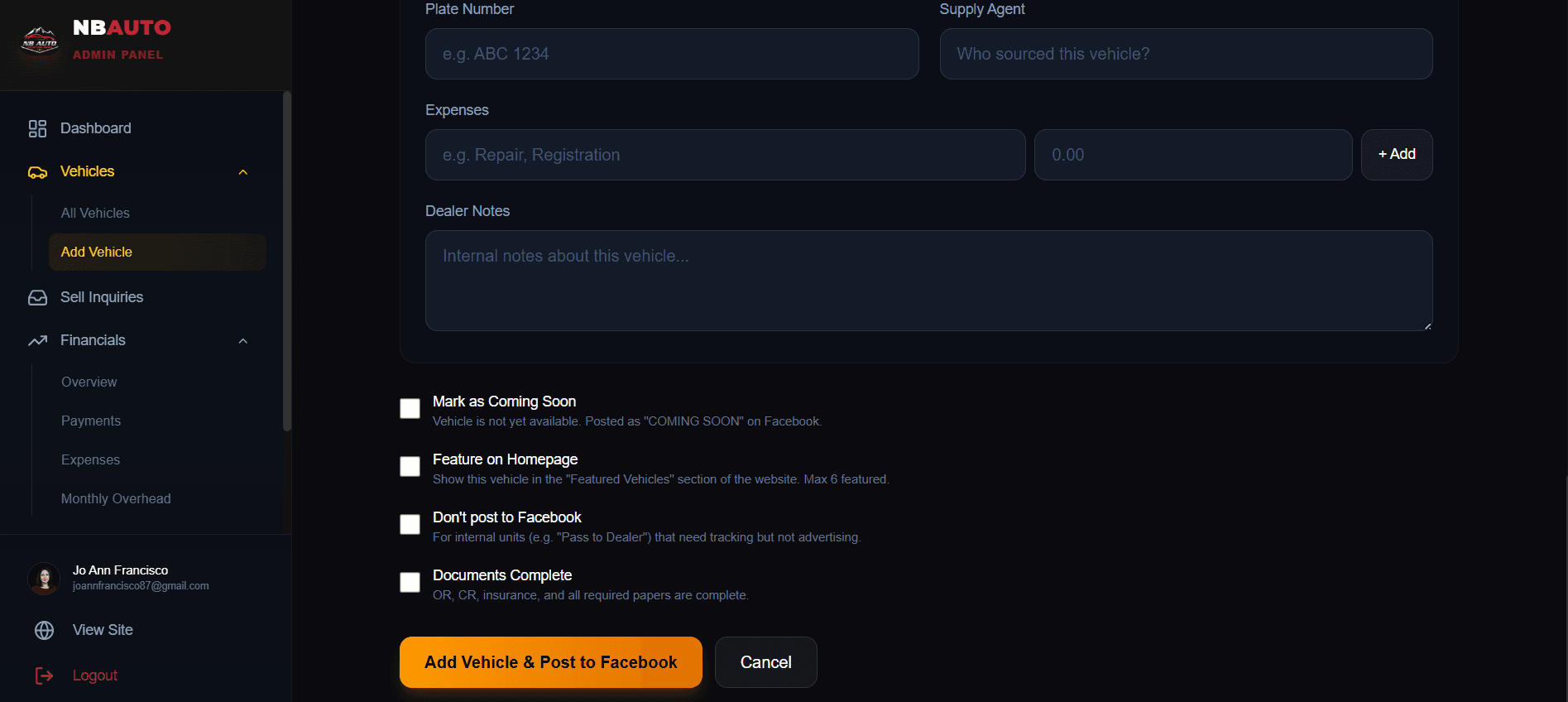 Add Vehicle — Auto-posts to Facebook on Save